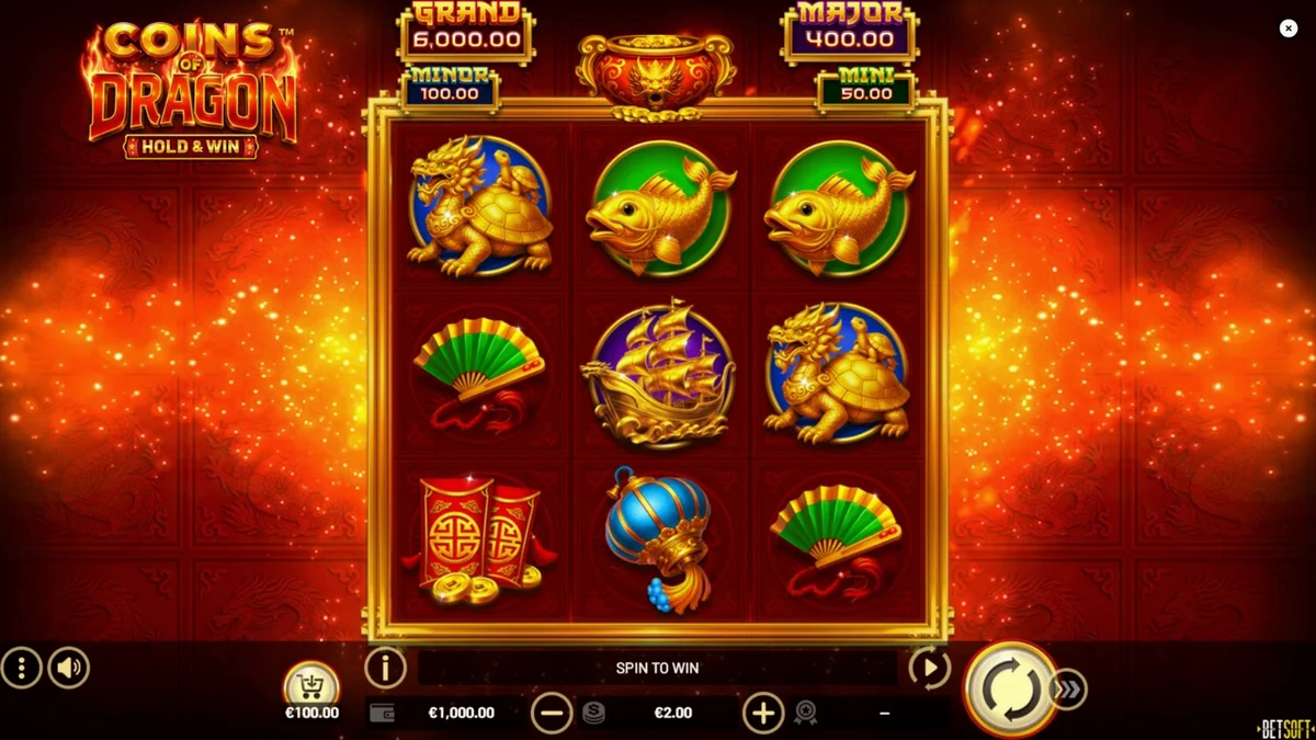 Tampilan visual slot Coins of Dragon dengan simbol naga dan koin emas