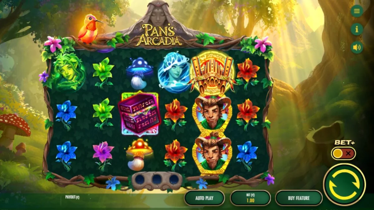 Pemandangan hutan mistis dalam slot Pan’s Arcadia