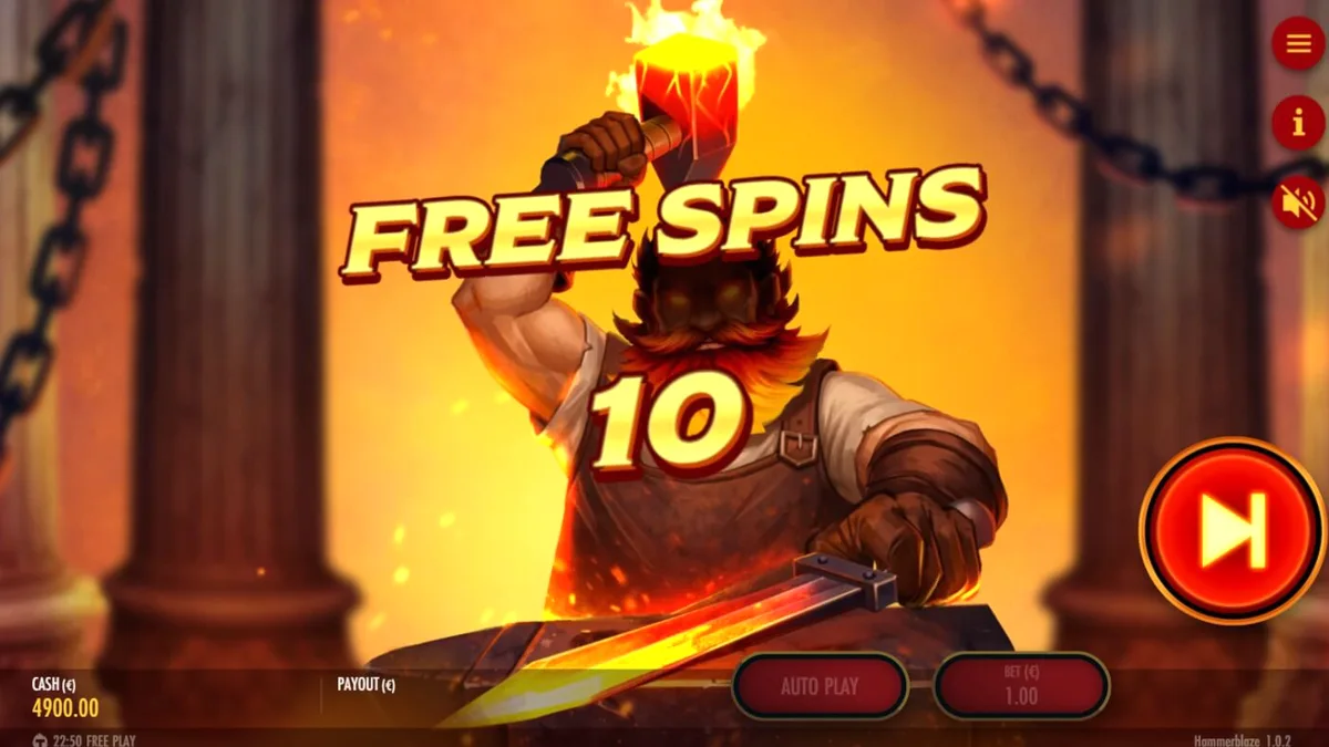 Tampilan visual slot Hammerblaze dengan tema bengkel Dewa Hephaestus