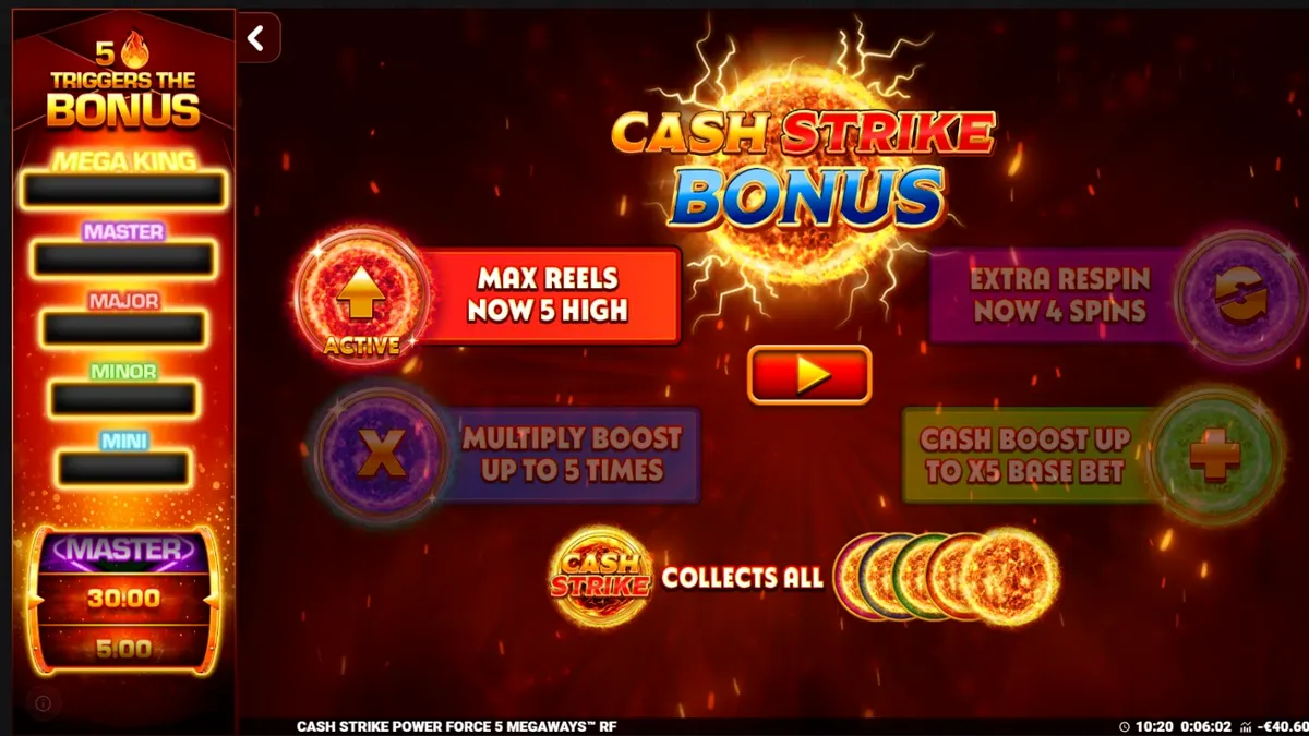 Tampilan antarmuka slot Cash Strike Power Force 5 Megaways dengan simbol buah klasik